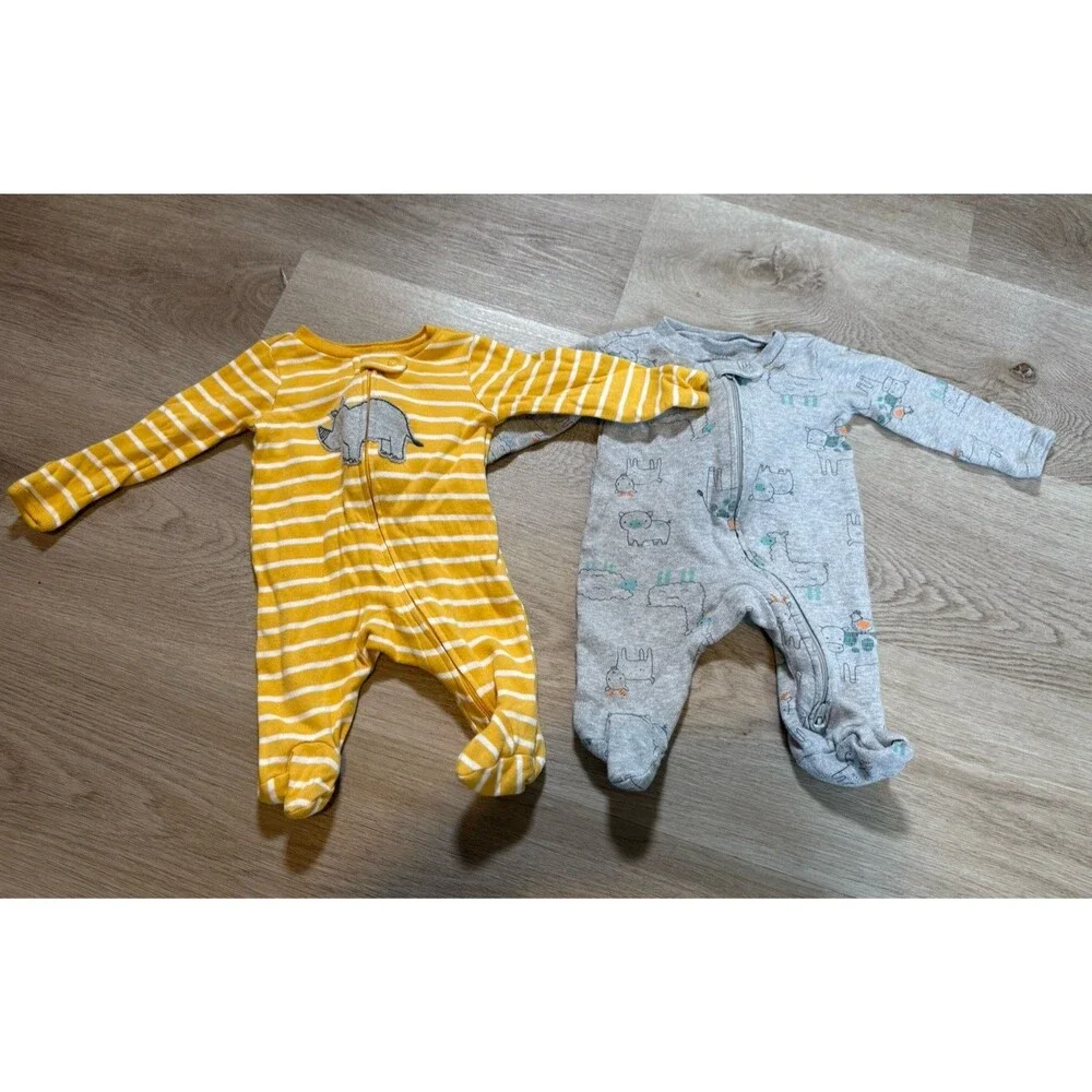 Simple Joys Carters Newborn Footed Sleeper Lot 2pc Yellow Gray Dino NB